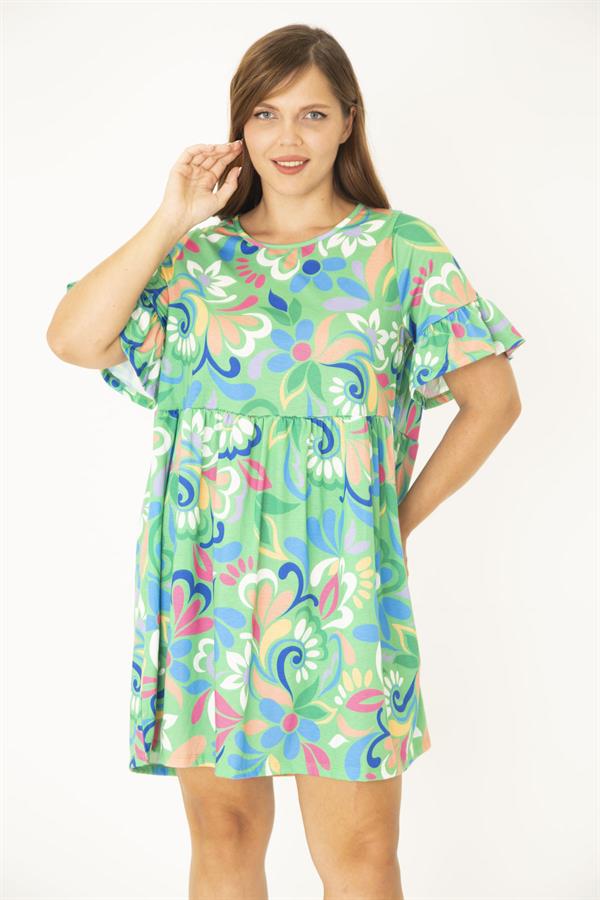 Kadın Büyük Beden Yeşil Bisiklet Yakalı Belden Büzgü Ve Kolları Volan Detaylı Tunik Elbise 65N36881