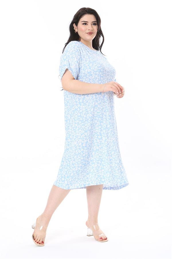 Kadın Büyük Beden Bebe Mavisi Bürümcük Kumaş Kısa Kollu Desenli Elbise 65N37858