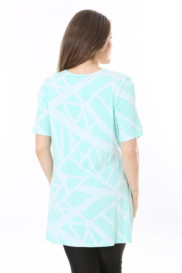 Kadın Büyük Beden Yeşil Bisiklet Yakalı Kısa Kollu Çizgili Tunik 65N37851