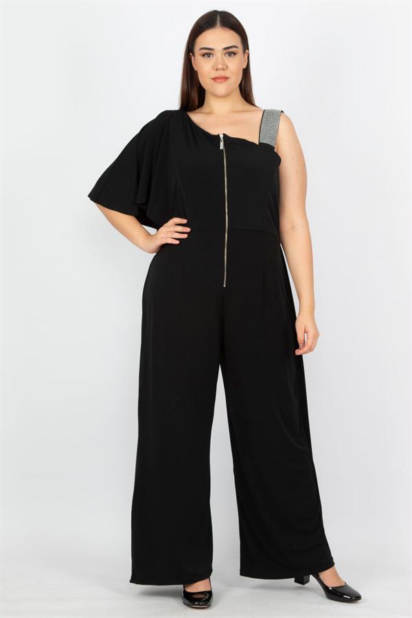 Kadın Büyük Beden Siyah Payet Ve Fermuar Detaylı Tulum 65N37442