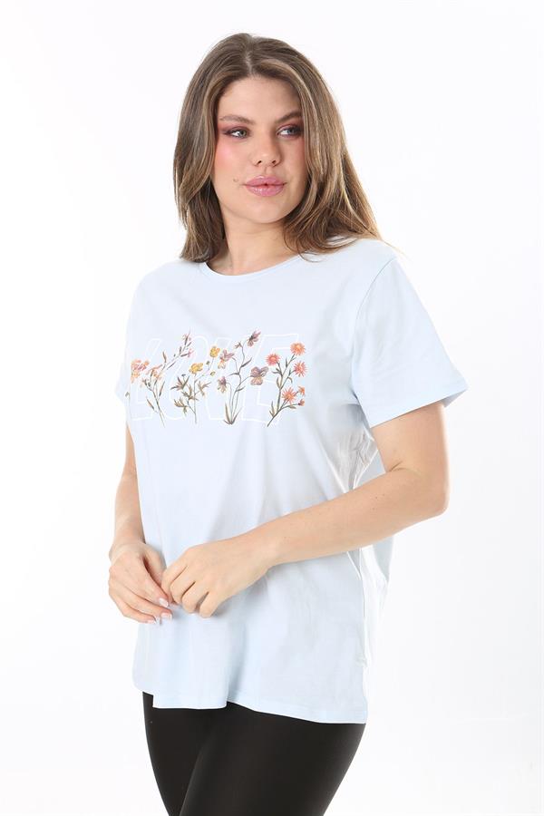 Büyük Beden Bebe Mavisi Pamuk Kumaş Ön Baskılı Kısa Kollu Bluz 65N37807