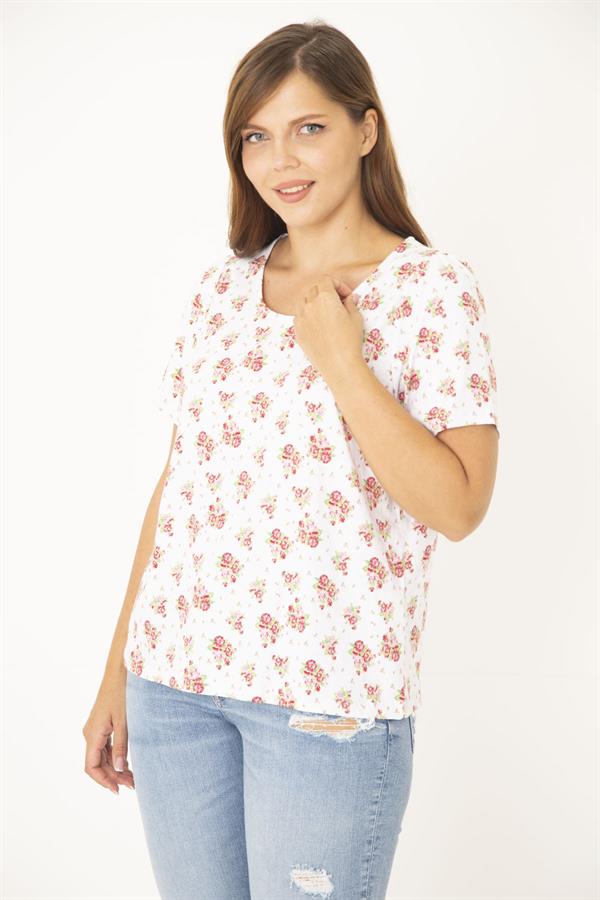 Kadın Büyük Beden Kemik Pamuk Kumaş Bisiklet Yakalı Desenli Bluz 65N36922