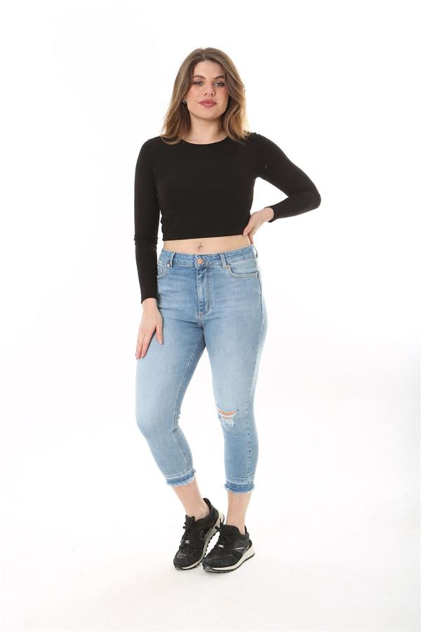 Kadın Büyük Beden Mavi Yırtık Detaylı 5 Cep Likralı Kot Pantolon 65N37601