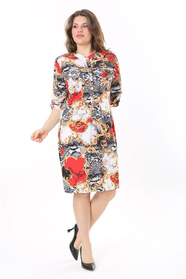 Kadın Büyük Beden Renkli Ön Boy Yarım Düğmeli Kol Boyu Ayarlı Hakim Yakalı Elbise 65N37956