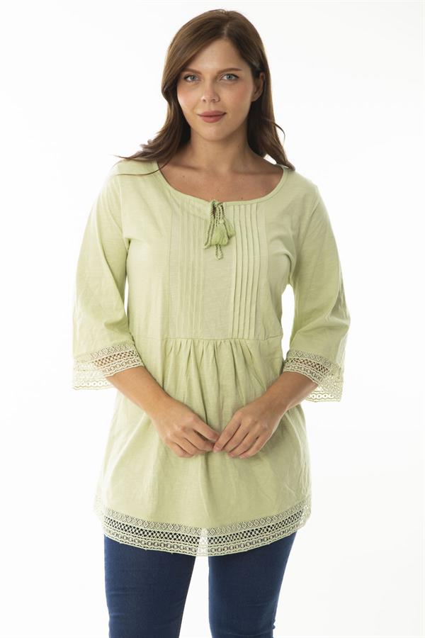 Kadın Büyük Beden Yeşil Kol Ağzı Ve Etek Ucu Dantel Detaylı Nervül Dikişli Tunik 65N36876
