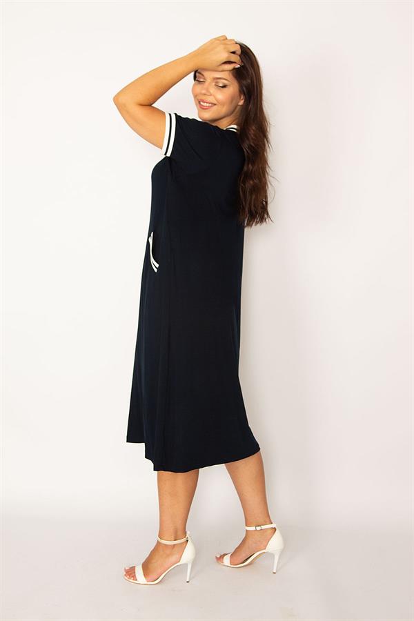 Kadın Lacivert Ribana Detaylı V Yakalı Cepli Elbise 65N34160