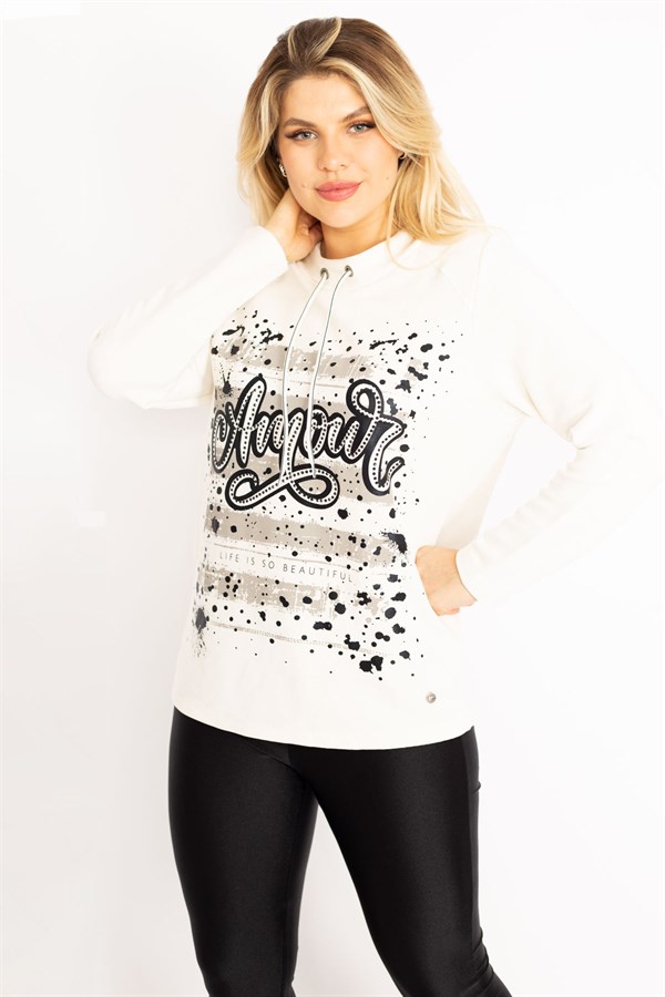 Kadın Kemik Yakası Kuşgözü Bağcıklı Taş Ve Baskı Detaylı Sweatshirt 65N34993
