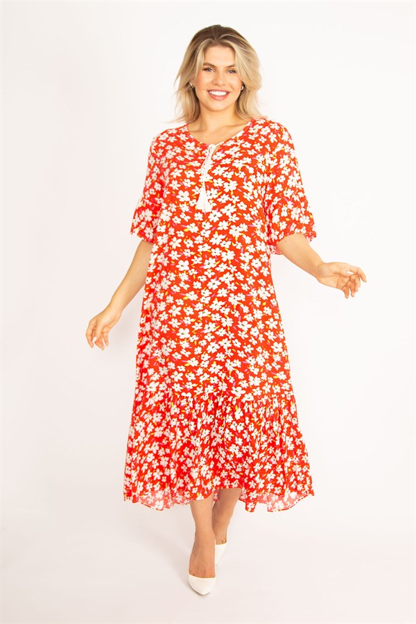 Kadın Kırmızı Dokuma Viskon Kumaş Volan Kollu Etek Ucu Katlı Elbise 65N34435