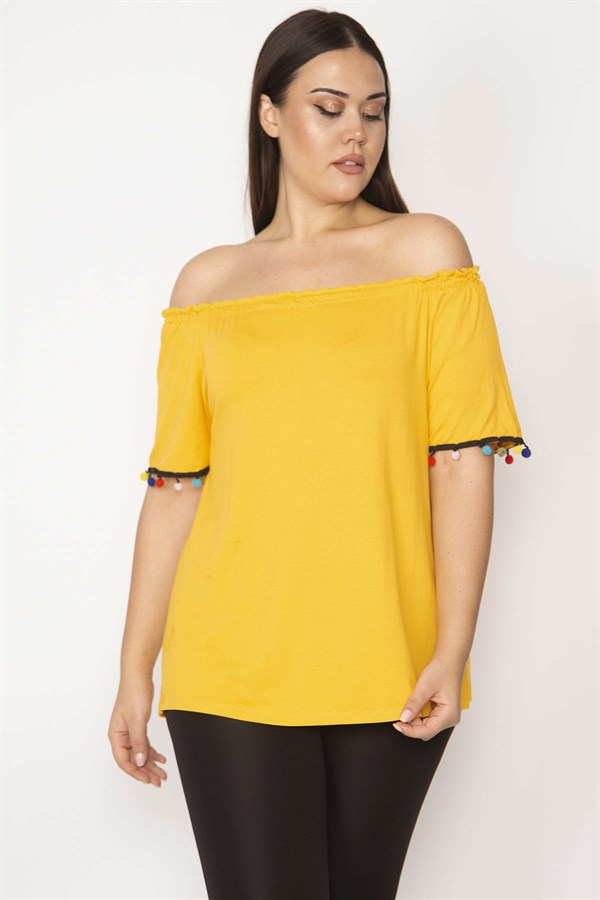 Kadın Hardal Yakası Lastikli Kolları Ponpon Detaylı Bluz 65N29509