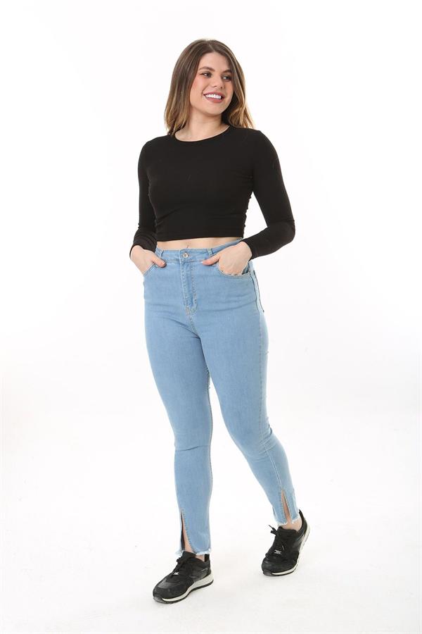 Kadın Büyük Beden Mavi Yüksek Bel Yırtmaçlı Dar Paça Likralı Kot Pantolon 65N37606