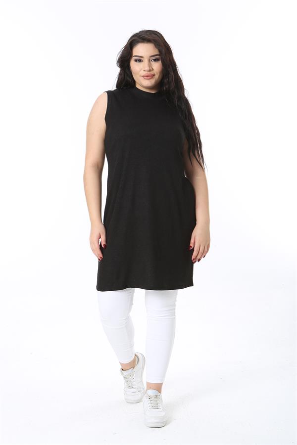 Kadın Büyük Beden Siyah Kaşkorse Kolsuz Uzun Tunik 65N38703