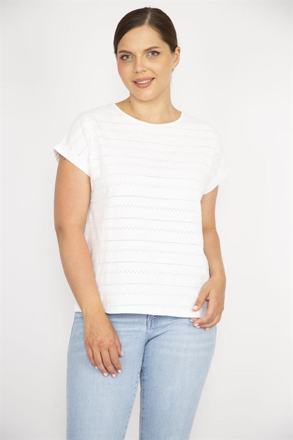 Kadın Pembe Büyük Beden Pamuk Kumaş Kendinden Desenli Düşük Kol Bluz