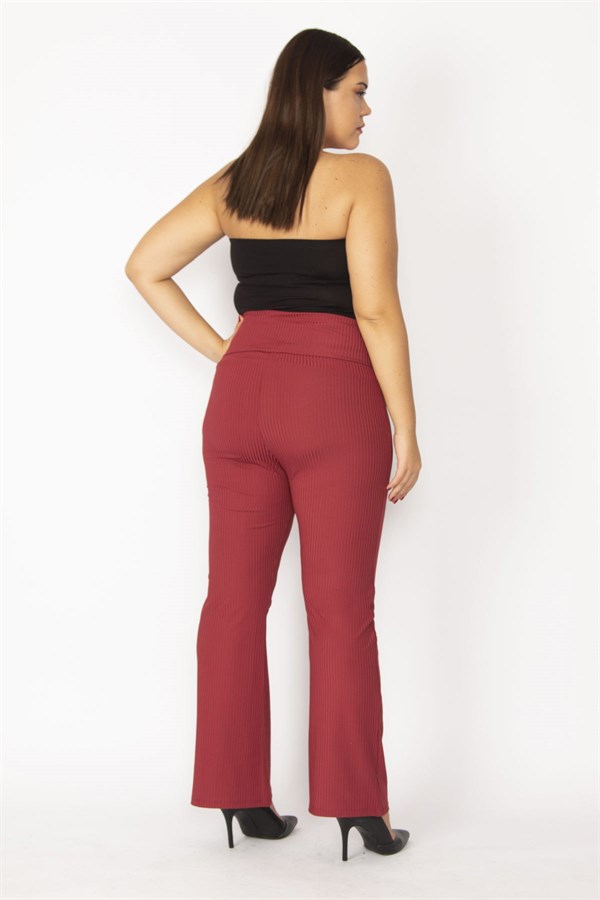 Kadın Bordo Kendinden Çizgili Strech Geniş Paçalı Pantolon 65N28669