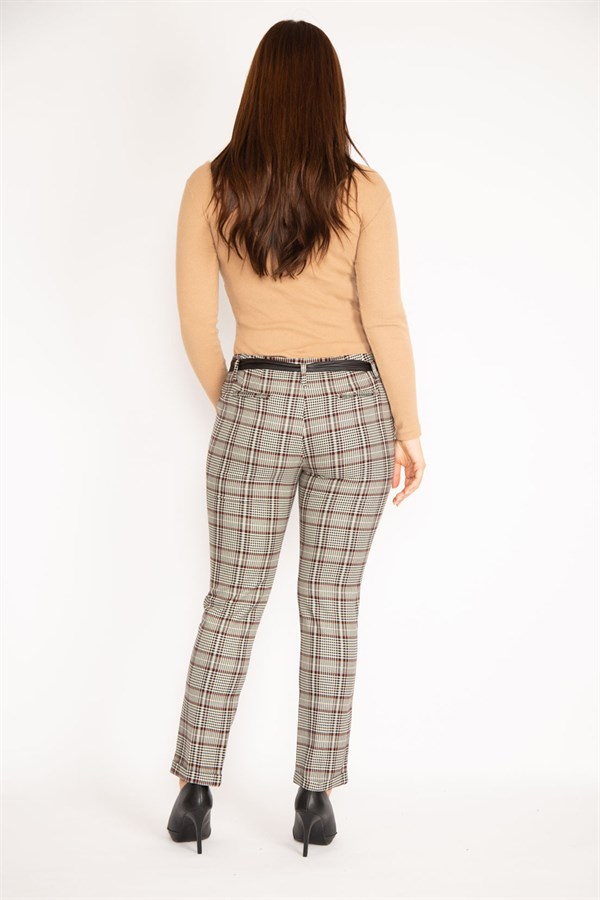 Kadın Bordo Ekose Desenli Gizli Kemer Ön Fermuarlı Yan Cepli Suni Deri Kuşak Detaylı Klasik Pantolon