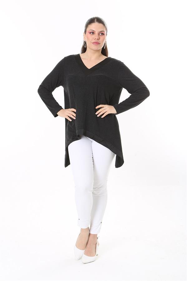Kadın Büyük Beden Antrasit Yaka Ve Etek Ucu Saten Garnili Uzun Kollu Bluz 65N37686