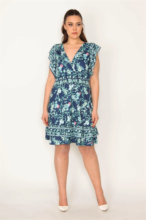 KADIN LACİVERT ANVELOP YAKALI BELİ LASTİK VE ETEK UCU KATLI ELBİSE