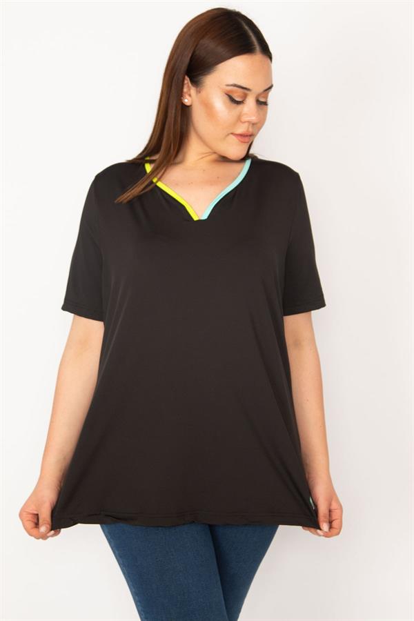 Kadın Siyah Büyük Beden Yaka Biyeli Spor Bluz 65N35618