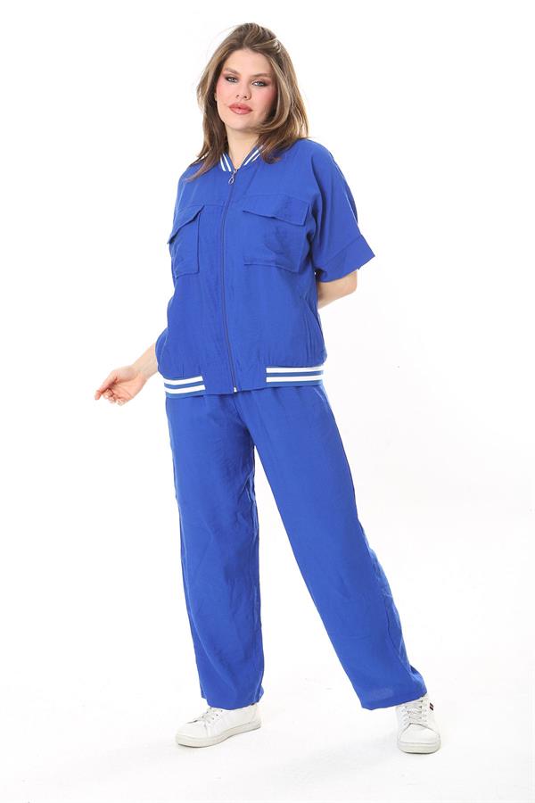 Kadın Büyük Beden Nar Ön Fermuarlı Ribanalı Tunik Ve Pantolon İkili Takım 65N37877