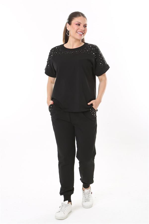 Kadın Büyük Beden Saks Taş Detaylı Kısa Kollu Sweatshirt Pantolon Takım 65N37702