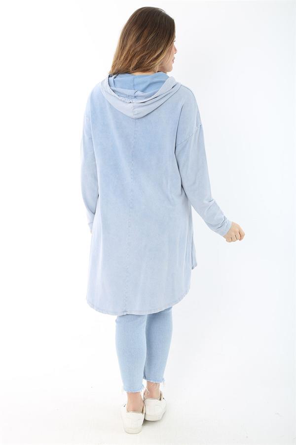 Kadın Büyük Beden Mavi Payet Detaylı Arkası Uzun Kapşonlu Sweatshirt 65N37463