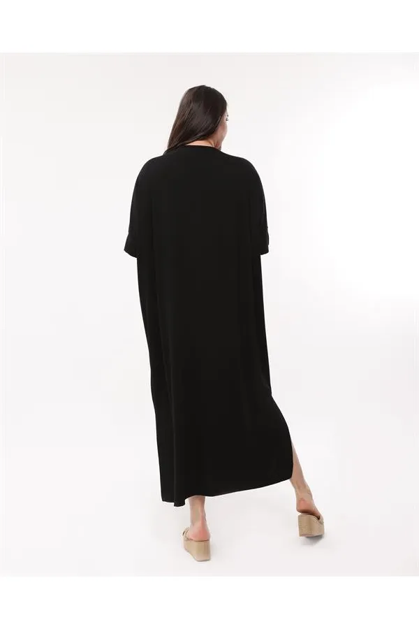 Kadın Büyük Beden Siyah, Rahat Kesim V Yaka Nakışlı Elbise 65N39077