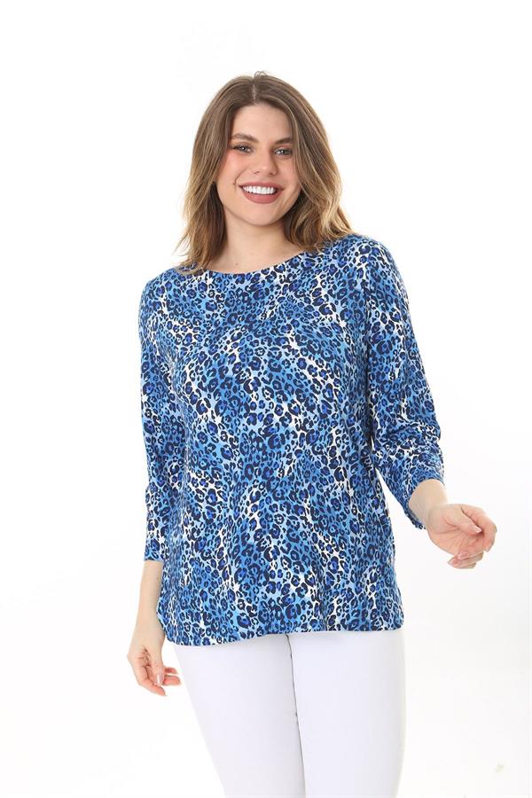 Kadın Büyük Beden Mavi Sırt Detaylı Bisiklet Yakalı Kapri Kollu Bluz 65N37586