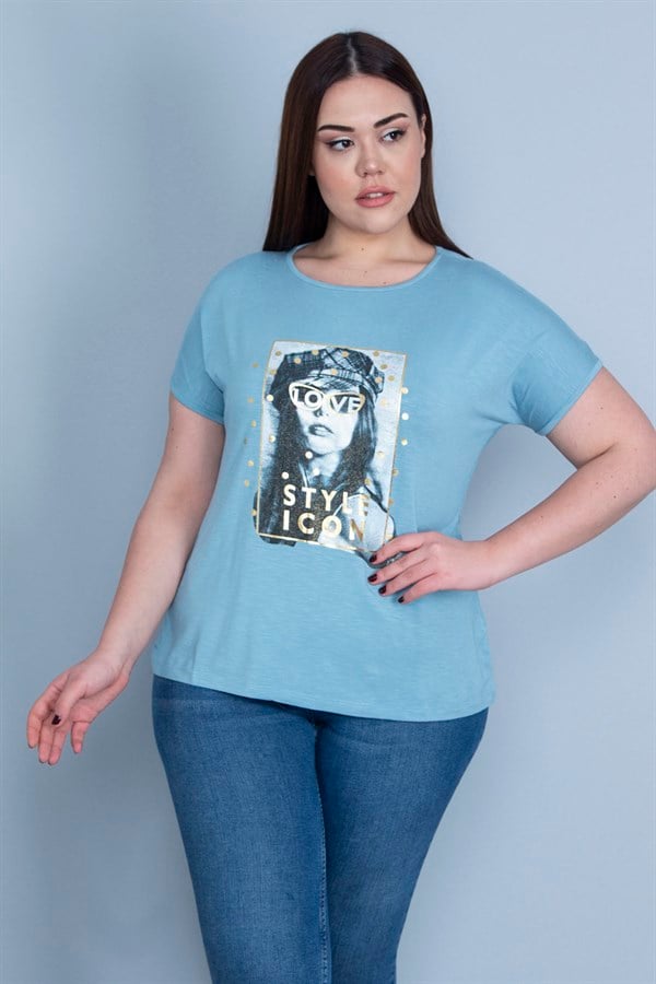 Kadın Mavi Lak Baskılı Düşük Kol Bluz 65N22983