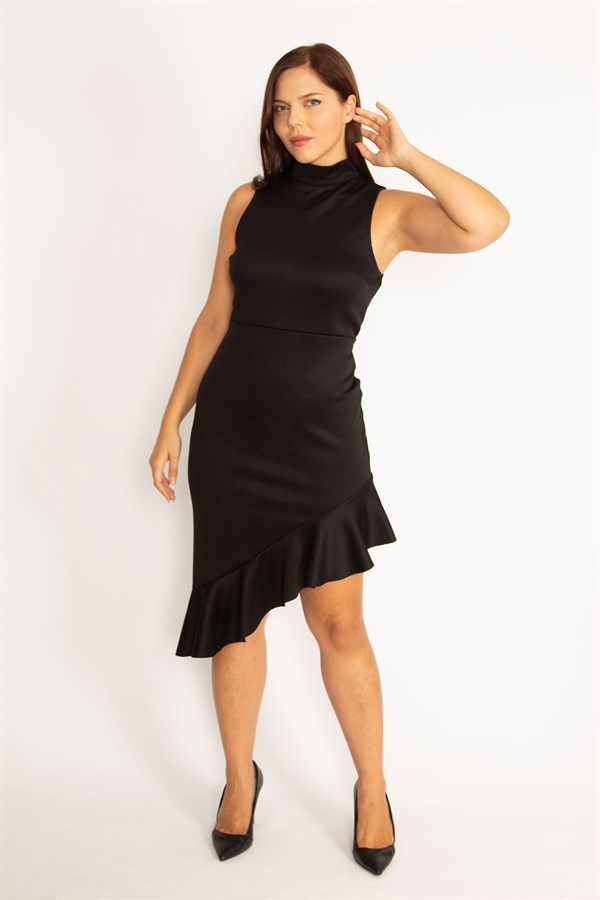 WOMEN'S BLACK FLOUNCED SKIRT DRESS WITH HIDDEN BACK ZIPPER