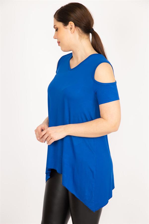 Kadın Saks Büyük Beden Omuz Dekolteli Asimetrik Kesim Viskon Bluz