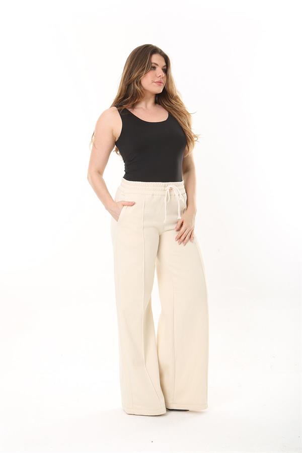 Kadın Büyük Beden Bej İçi Şardonlu Üç İplik Beli Lastik Ve Bağcıklı Eşofman Alt 65N37480