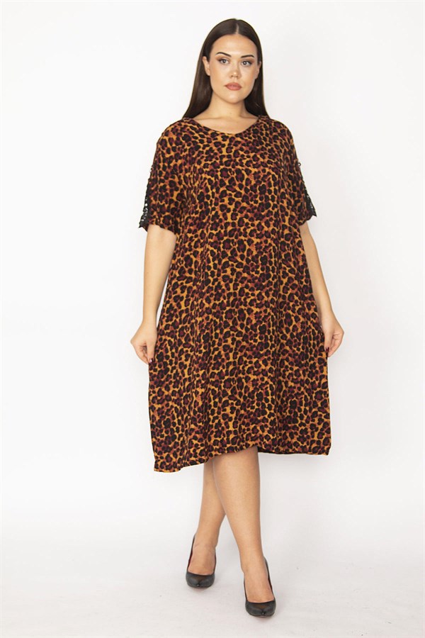 Kadın Leo Dantel Detaylı V Yakalı Leopar Desenli Elbise 65N29933
