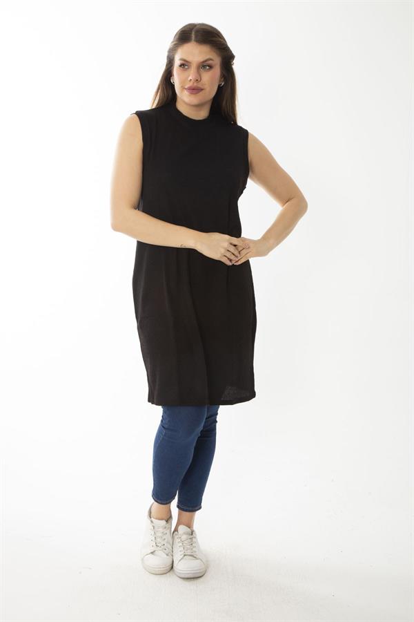 Kadın Büyük Beden Siyah Kaşkorse Kumaş Sıfır Yaka Yaka Kolsuz Uzun Bluz 65N37096