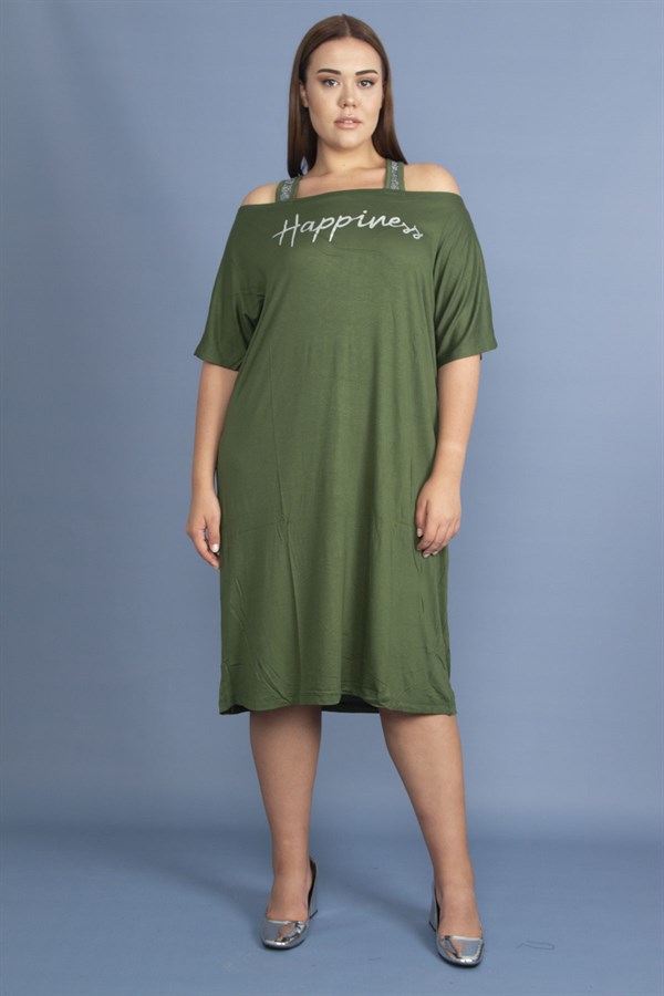 Kadın Haki Sim Detaylı Ön Baskılı Viskon Elbise 65N27473