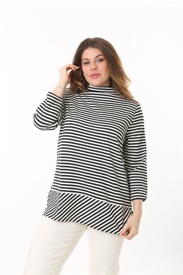 Kadın Büyük Beden Siyah Dik Yakalı Yan Yırtmaçlı Sim Çizgili Tunik 65N37523