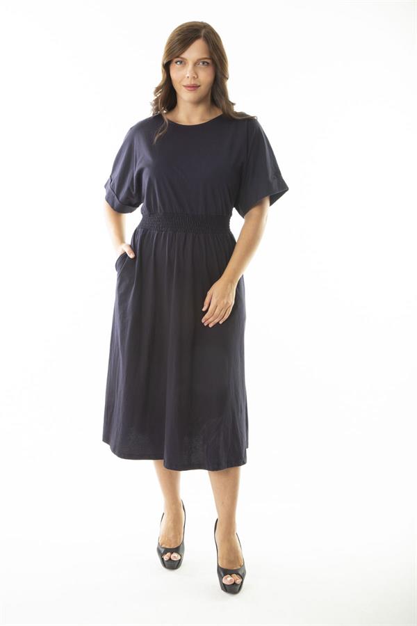 Kadın Büyük Beden Lacivert Beli Gipe Lastik Detaylı Yarasa Kol Elbise 65N36900