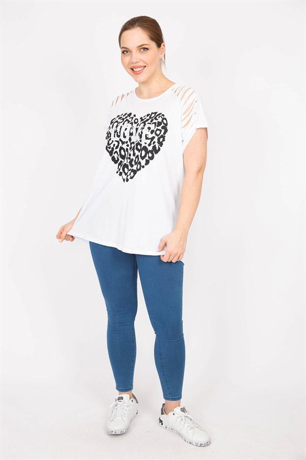Kadın Beyaz Büyük Beden Kolları Lazer Kesim Taş Ve Baskı Detaylı Bluz