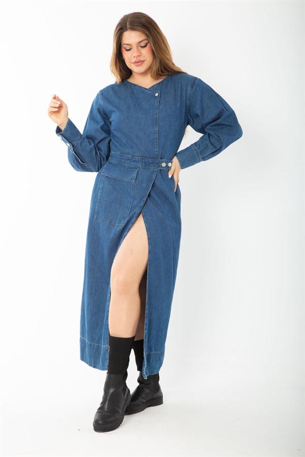 Kadın Lacivert Metal Düğmeli Anvelop Kot Elbise 65N37381