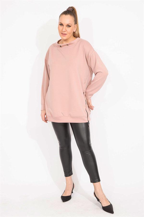 Kadın Pudra Büyük Beden Yakası Kuşgözü Ve Yan Fermuar Yırtmaçlı Sweatshirt 65N35611