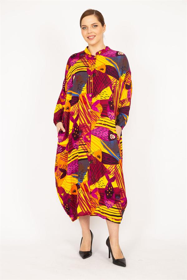 Kadın Fujya Büyük Beden Dokuma Viskon Kumaş Ön Boy Düğmeli Elbise