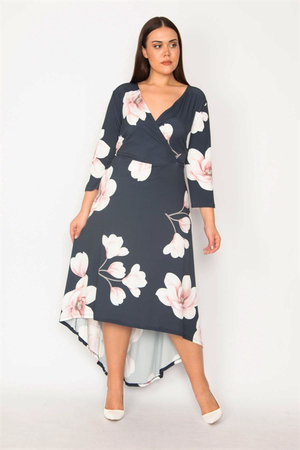 ROBE FEMME BLEU MARINE À COL CACHÉ ET DOS LONG