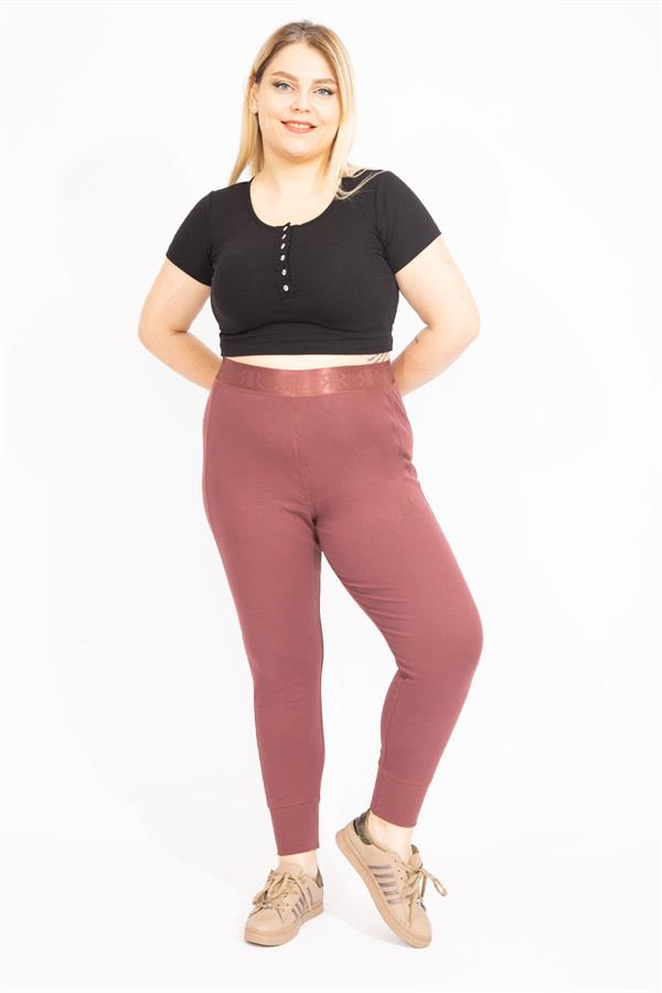 Kadın Büyük Beden Pamuklu Kumaş Kendinden Çizgili Paça Ribana Ve Bel Lastikli Eşofman Alt 65N35591