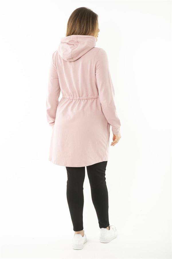Kadın Büyük Beden Pembe Kapşonlu Belden Büzgü Bağcıklı Sweatshirt 65N37119