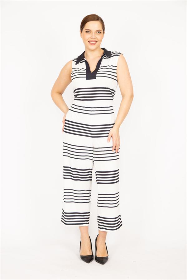 Kadın Lacivert Büyük Beden V Ayakalı Arkası Gizli Fermuarlı Tulum