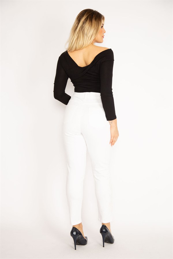 Kadın Kemik Paçası Dantel Ve İnci Detaylı Yan Bel Lastikli Likralı Kot Pantolon 65N34959