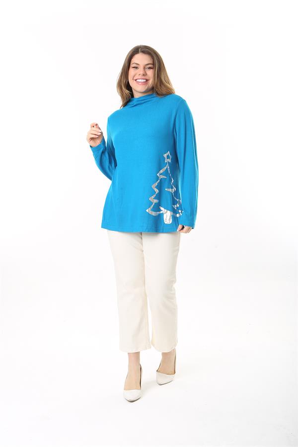 Kadın Büyük Beden Mavi Dik Yakalı Lak Baskılı Tunik 65N37496