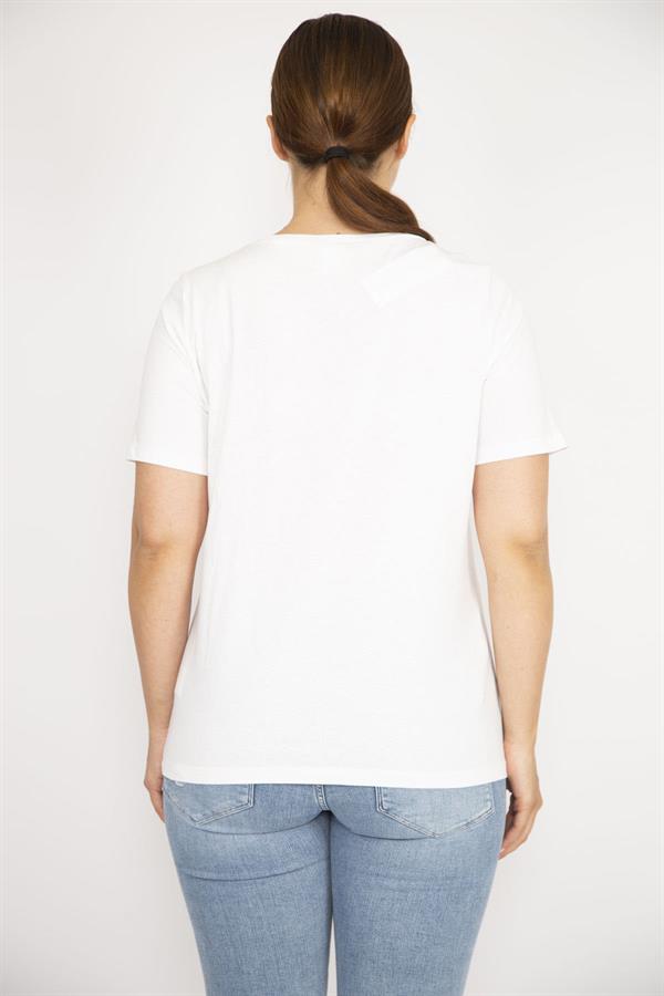 Kadın Kemik Büyük Beden Pamuk Kumaş Bisiklet Yakalı Kısa Kollu Ön Baskılı Bluz