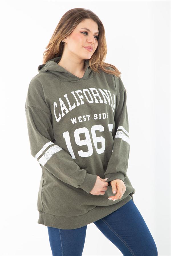 Kadın Büyük Beden Haki İçi Şardonlu Üç İplik Kapşonlu Sweatshirt 65N37290