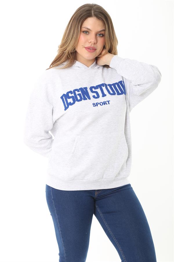 Women's Plus Size Gray Inside Raised 3 Thread Embroidery Detailed Hooded Sweatshirt 65N37126