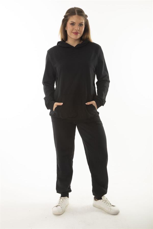 Kadın Büyük Beden Siyah Kanguru Cep Ve Kapşonlu Sweatshirt Pantolon İliki Takım 65N37053