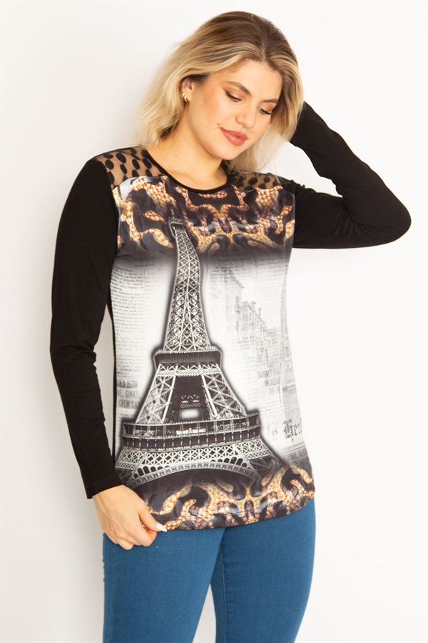 Kadın Siyah Omuz Robası Dantel Taş Ve Baskı Detaylı Tunik 65N34682